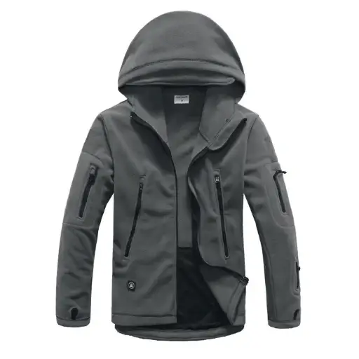 Gray hooded tactical jacket with black zippers and reinforced seams.