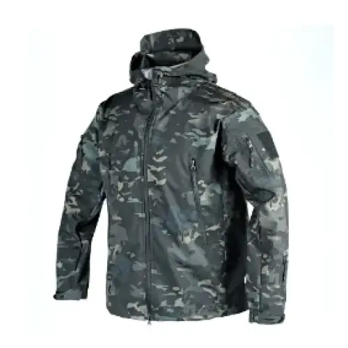 Black and gray camouflage tactical jacket with a hood, zippered front, and multiple pockets.