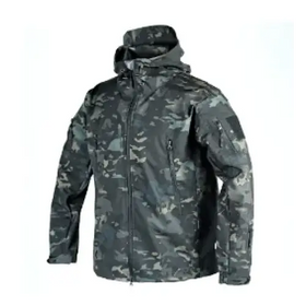 Black and gray camouflage tactical jacket with a hood, zippered front, and multiple pockets.