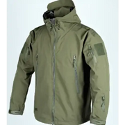 Olive green tactical jacket with reinforced fabric and multiple utility pockets.