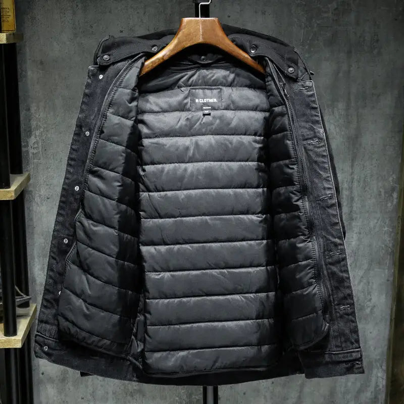 Men's Thick Fleece-Lined Denim Jacket with Hood