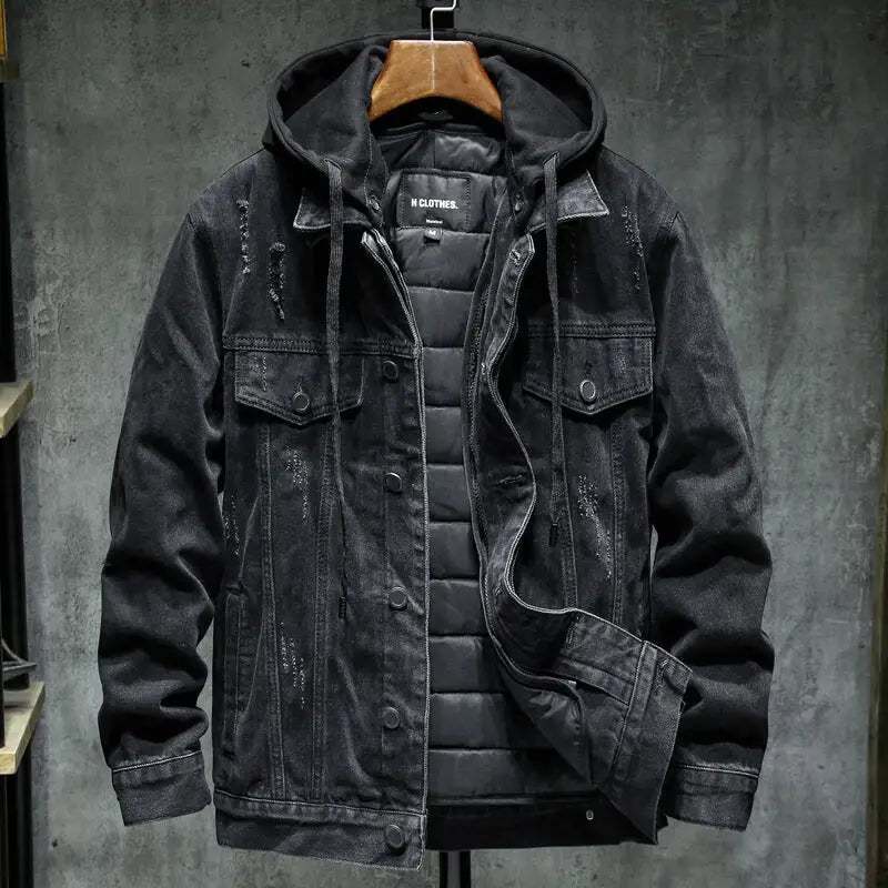 Men's Thick Fleece-Lined Denim Jacket with Hood