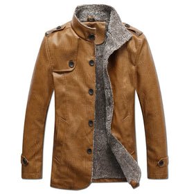 Men's Thick Fleece-Lined Faux Leather Jacket (Plus Size)