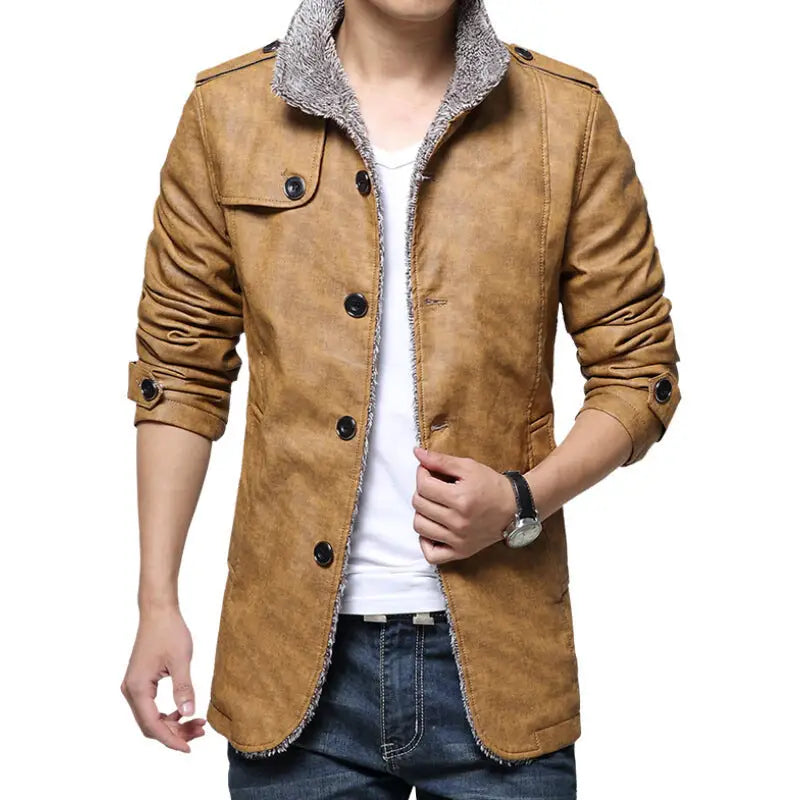 Men's Thick Fleece-Lined Faux Leather Jacket (Plus Size)