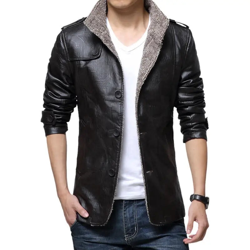 Men's Thick Fleece-Lined Faux Leather Jacket (Plus Size)