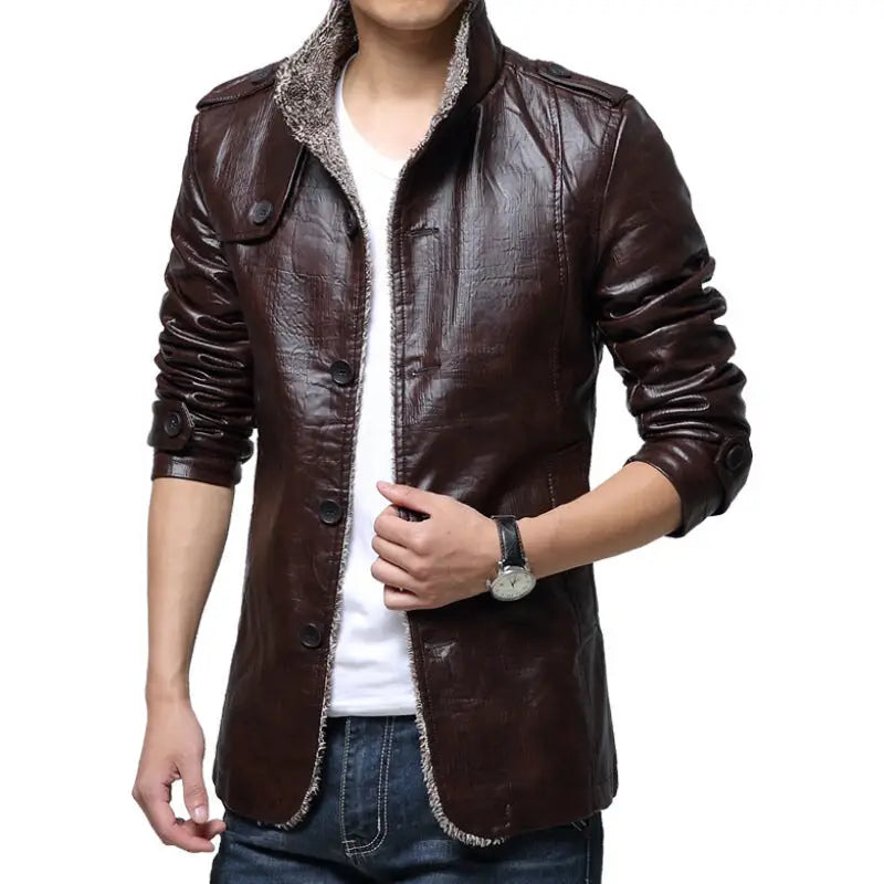 Men's Thick Fleece-Lined Faux Leather Jacket (Plus Size)