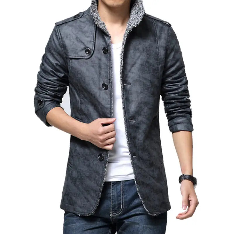 Men's Thick Fleece-Lined Faux Leather Jacket (Plus Size)