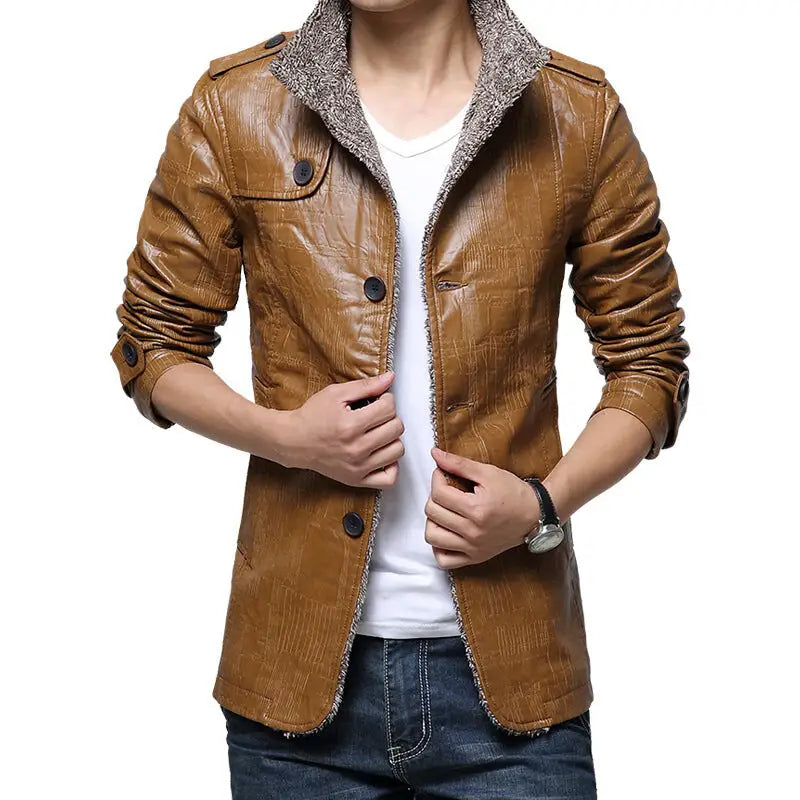 Men's Thick Fleece-Lined Faux Leather Jacket (Plus Size)