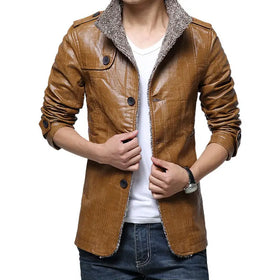 Men's Thick Fleece-Lined Faux Leather Jacket (Plus Size)