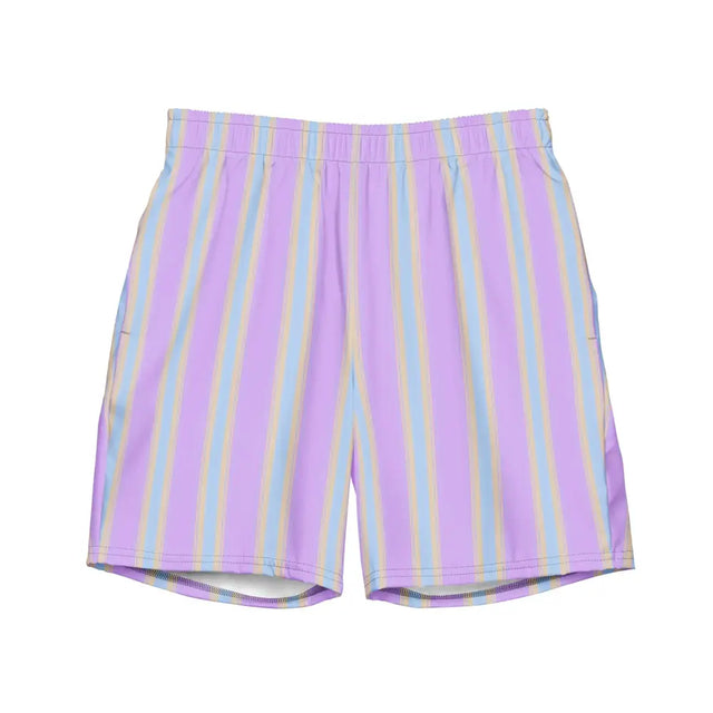 Pastel purple and light blue striped swim trunks with a soft, stretchy fabric.