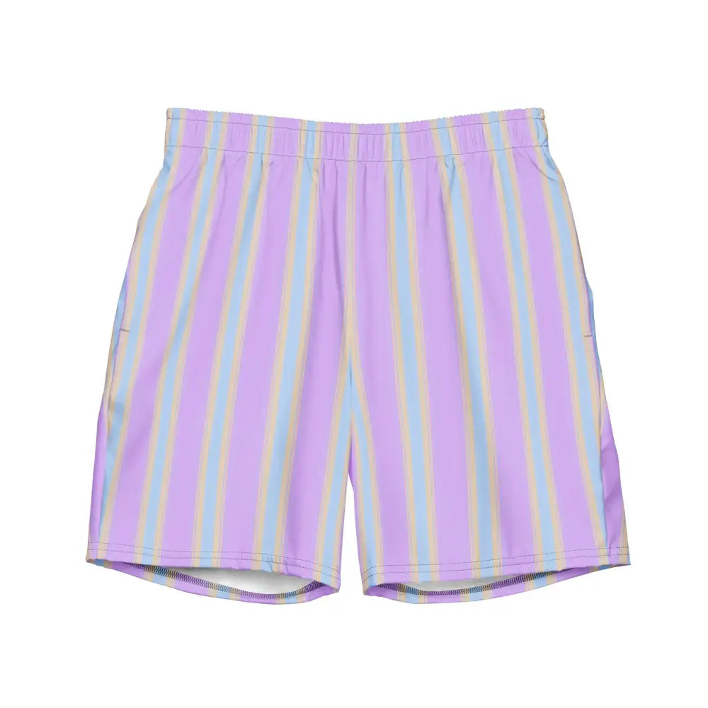 Pastel purple and light blue striped swim trunks with a soft, stretchy fabric.