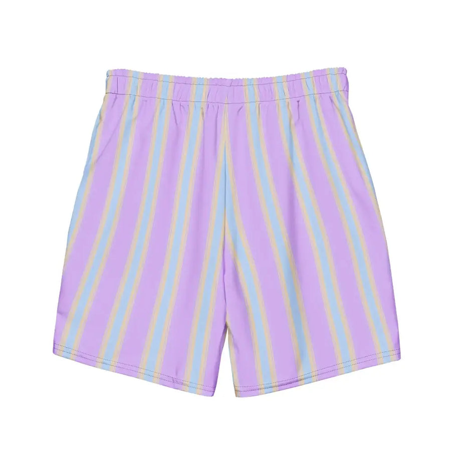 Pastel purple and light blue striped swim trunks with a soft, elastic waistband.