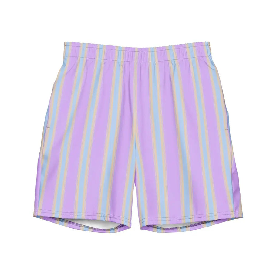 Pastel purple and light blue striped swim trunks with a soft, stretchy fabric.