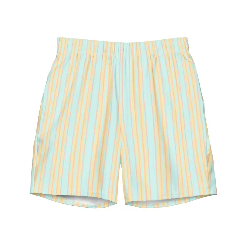 Light blue and pale yellow vertically striped cotton shorts with an elastic waistband.