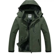 Olive green waterproof hiking jacket with a detachable hood, front zipper closure, and multiple zippered pockets.