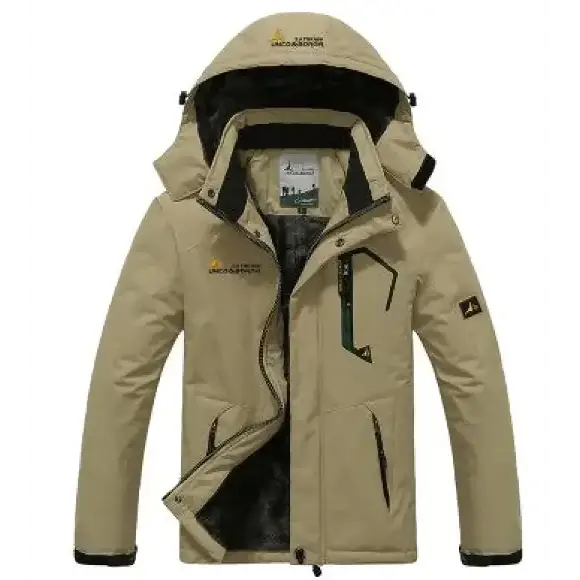 Beige waterproof hiking jacket with black trim and a fleece-lined hood.