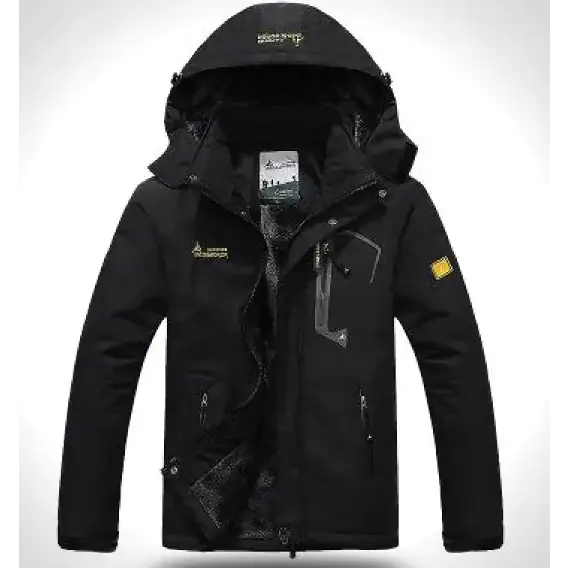 Black waterproof hiking jacket with a hood, front zipper closure, and multiple pockets.