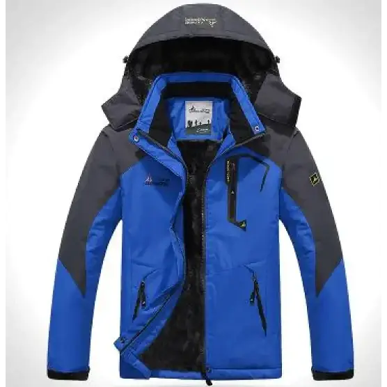 Blue and gray waterproof hiking jacket with black fleece lining.