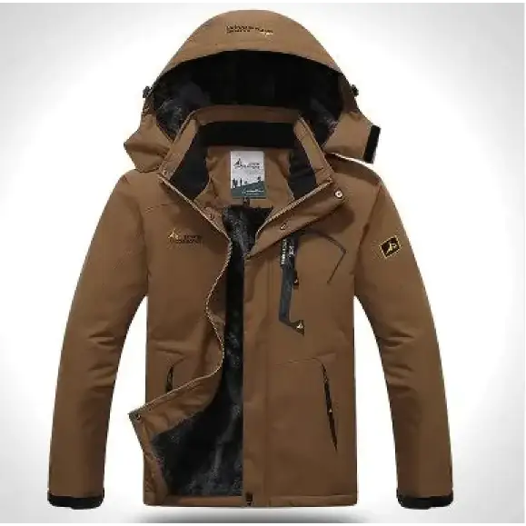 Tan waterproof hiking jacket with black-lined hood and zippered pockets.