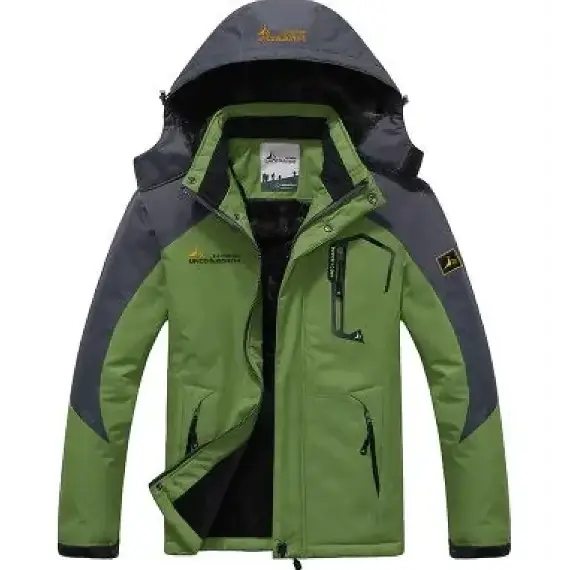 Green and gray outdoor jacket with a hood, featuring black zippers and subtle branding on the chest and sleeve.