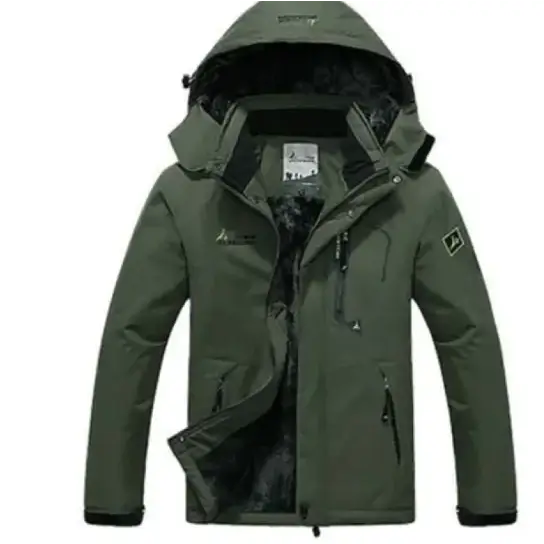 Olive green waterproof hiking jacket with a detachable hood, front zipper closure, and multiple zippered pockets.
