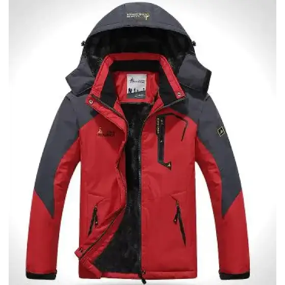 Red and gray waterproof hiking jacket with black zipper accents.