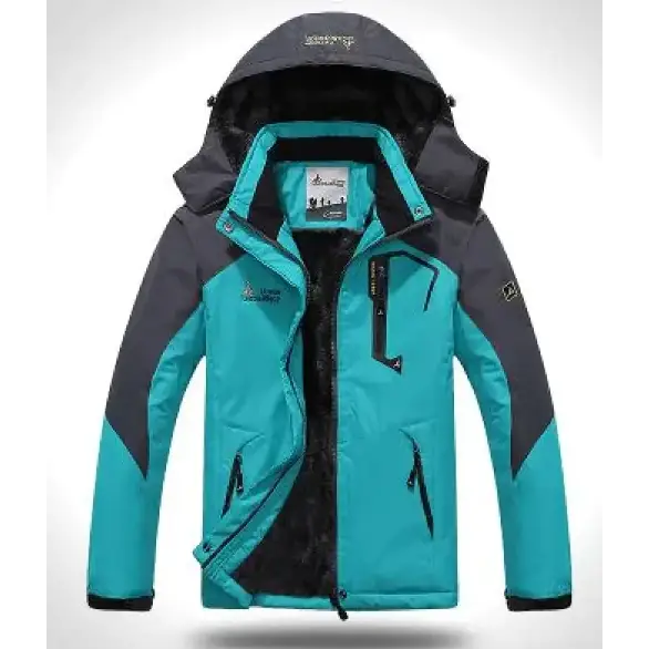 Teal and dark gray insulated winter jacket with a hood, front zipper closure, and multiple pockets.