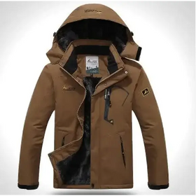 Tan waterproof hiking jacket with black-lined hood and zippered pockets.