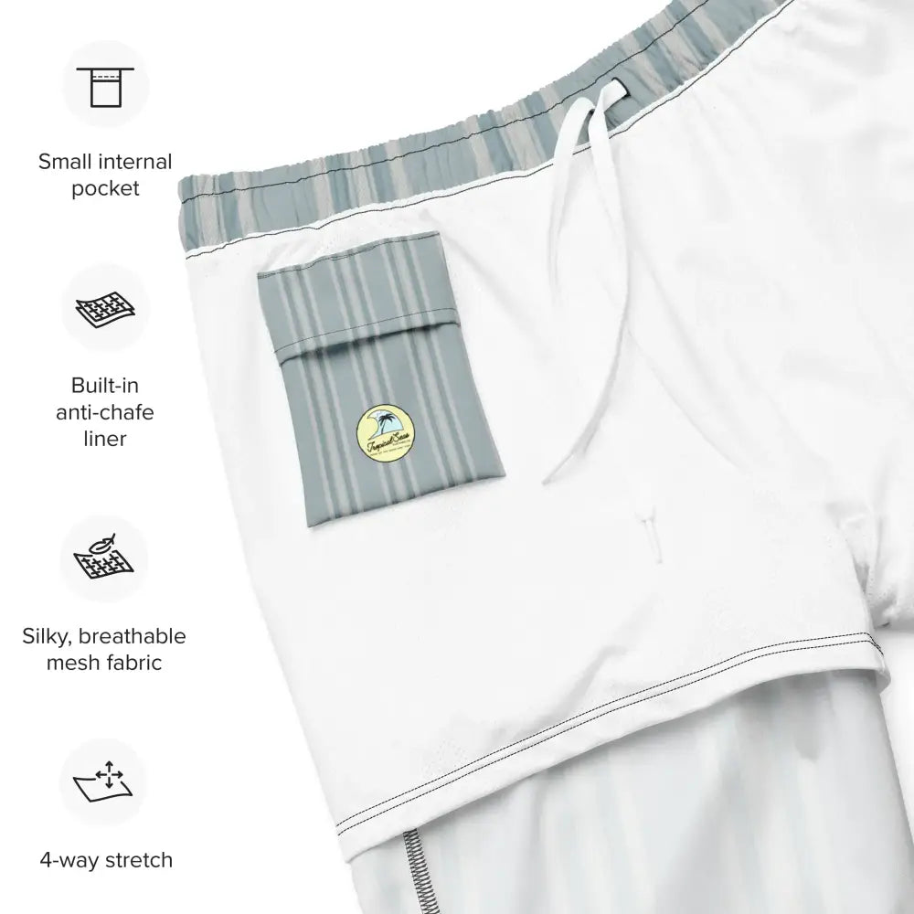 White swim trunks with a gray striped waistband and matching pocket, featuring a circular logo patch.