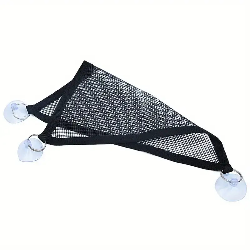 Black mesh pet carrier with three clear suction cups and metal rings for secure attachment.