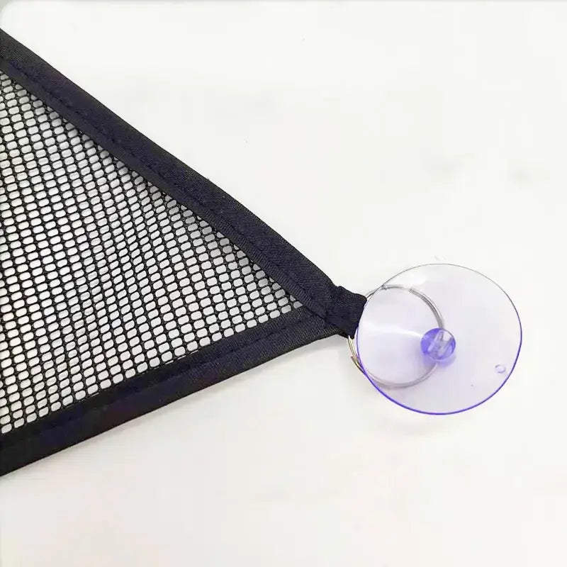 Black mesh triangular net with a clear purple suction cup attachment.