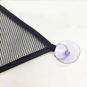 Black mesh triangular net with a clear purple suction cup attachment.