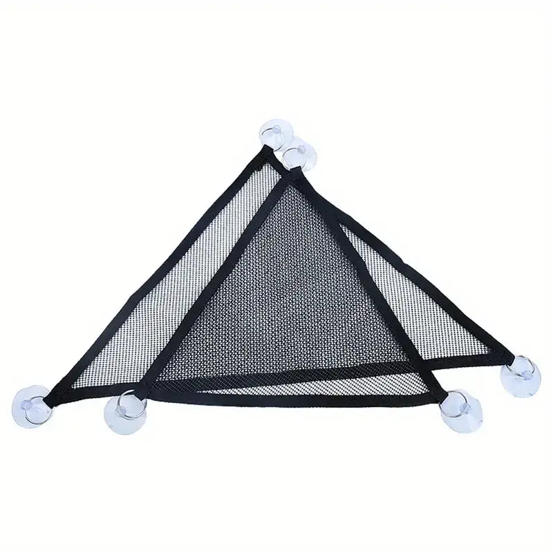 Black triangular mesh organizer with clear suction cups at each corner.