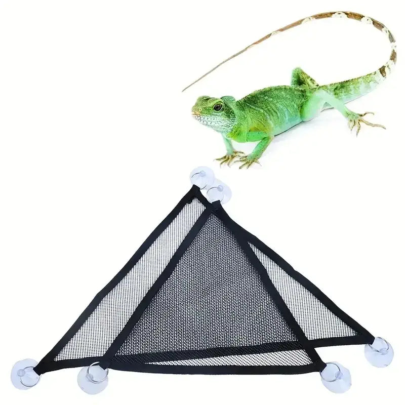 Black triangular mesh pet bath net with four clear suction cups.
