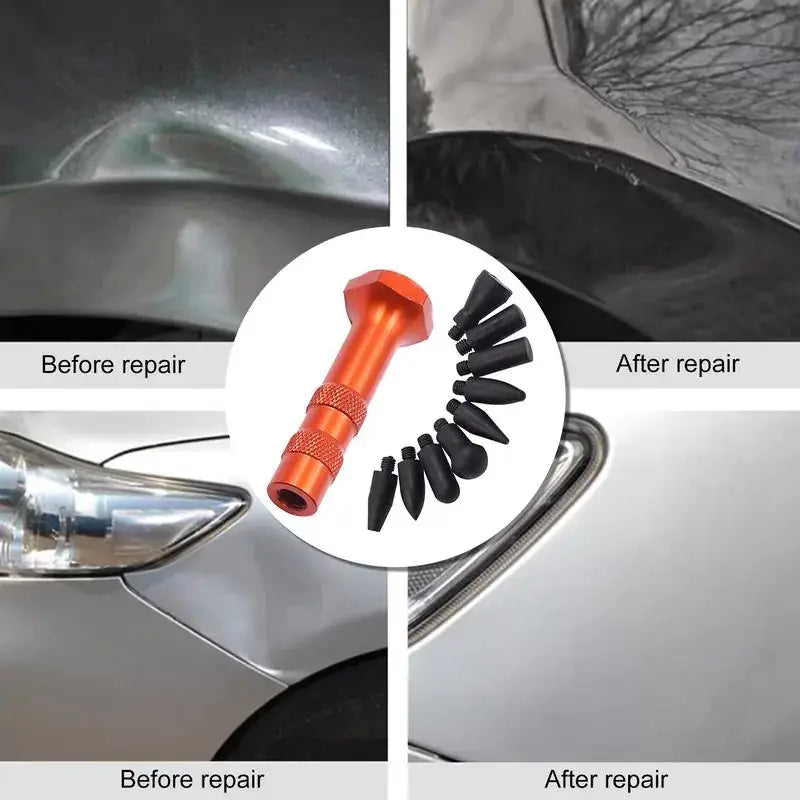 Orange metallic car dent repair tool with black interchangeable tips