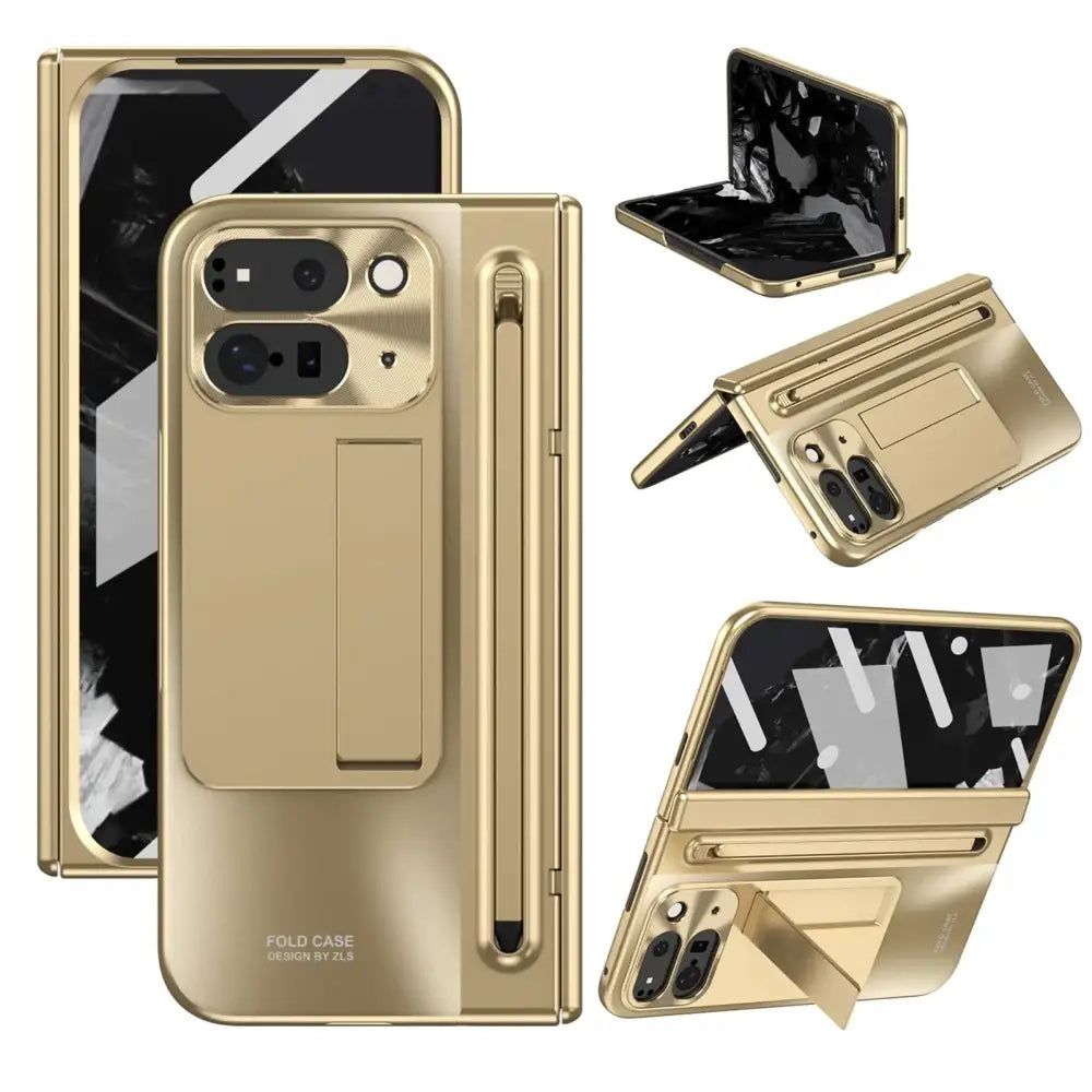 Miimall for Google Pixel Fold 2 Phone Case with Pen & S Pen Holder Adjustable Kikstand Screen Protector Shockproof Lens Protection Thin and Slim Phone Case for Google Pixel Fold 9 5g Case Gold
