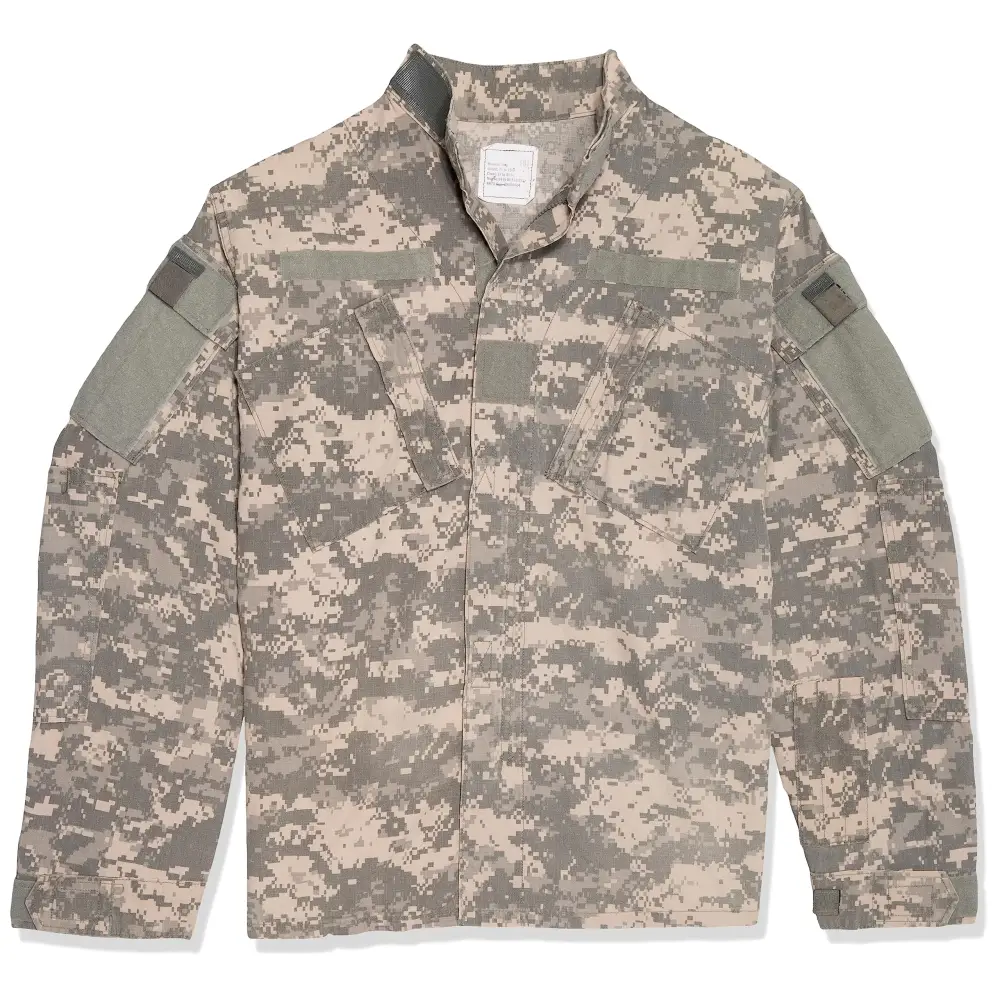 A desert camouflage military-style shirt with a button-up front, reinforced shoulder patches, and tactical pockets.