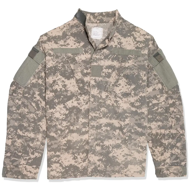 A desert camouflage military-style shirt with a button-up front, reinforced shoulder patches, and tactical pockets.