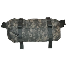 A camouflage-patterned tactical pouch with black webbing straps and buckles.