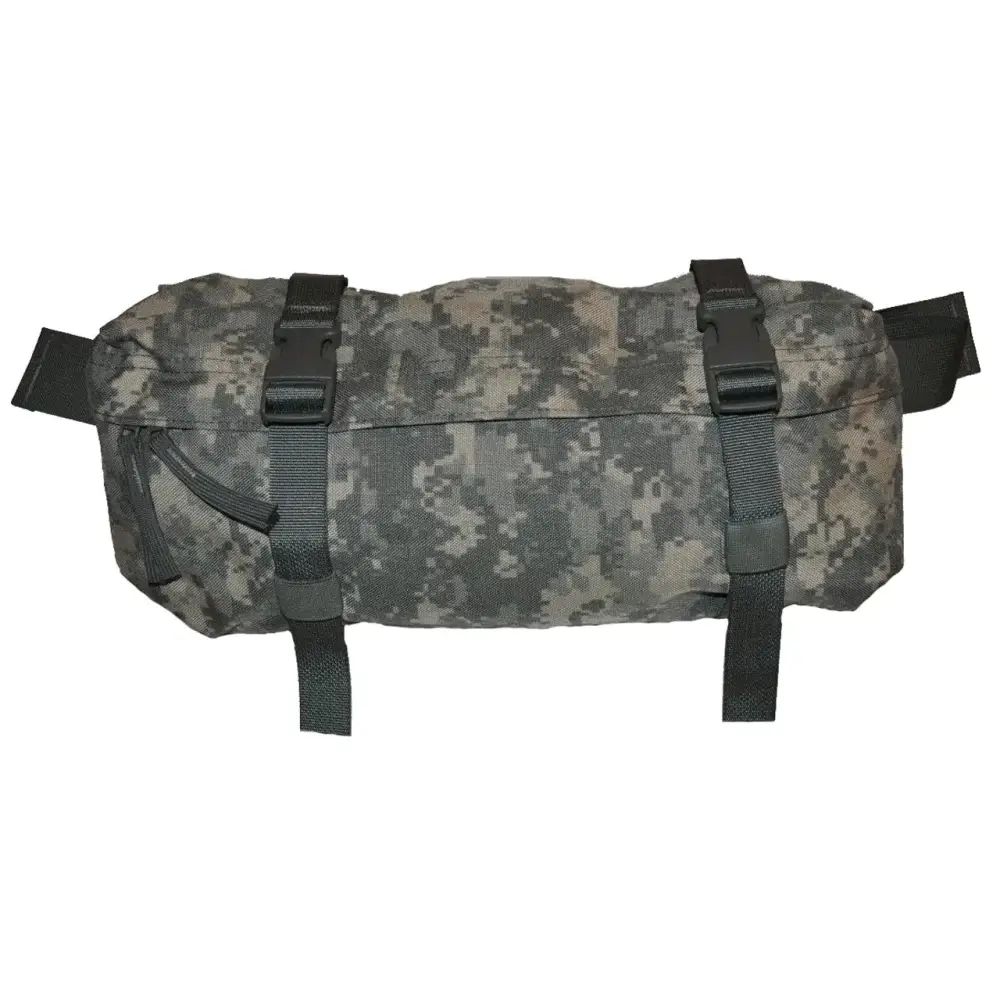 A camouflage-patterned tactical pouch with black webbing straps and buckles.