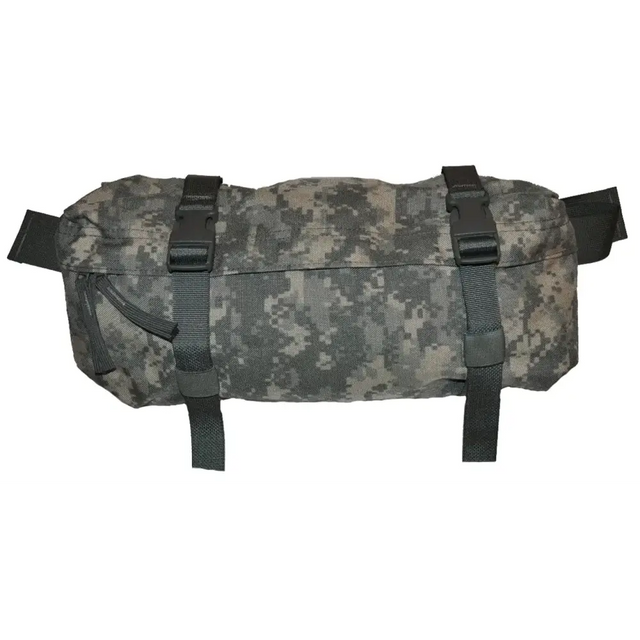 A camouflage-patterned tactical pouch with black webbing straps and buckles.