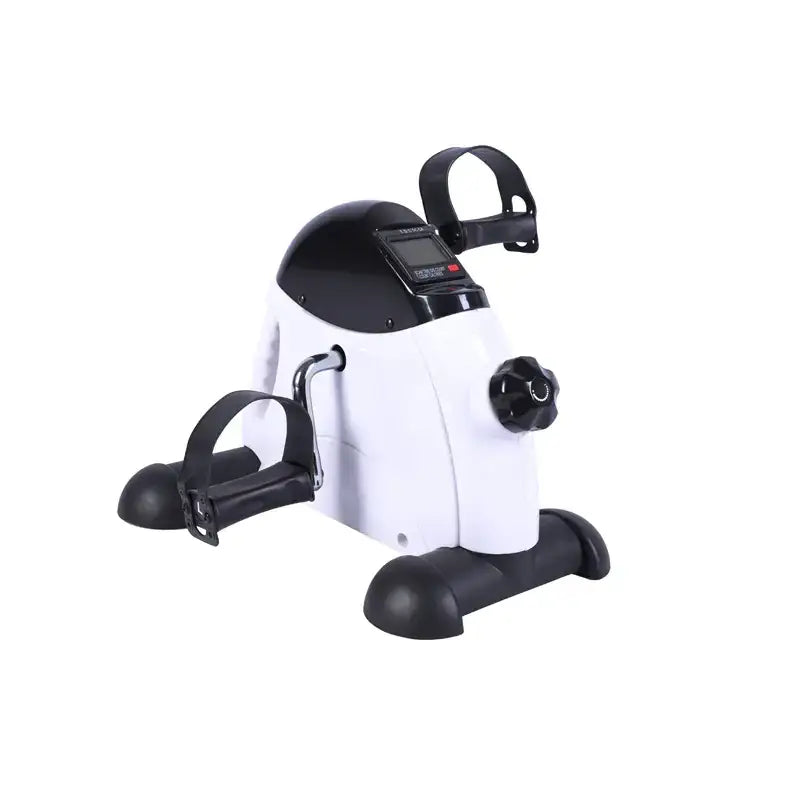 White and black compact exercise bike with digital display and adjustable resistance knob.