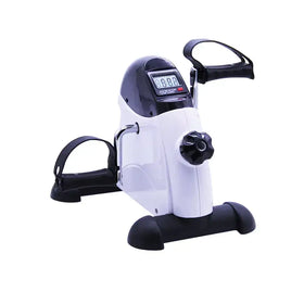 White and black compact exercise bike with digital display.