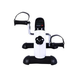 White and black compact exercise bike with digital display.