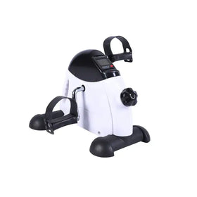 White and black compact exercise bike with digital display and adjustable resistance knob.