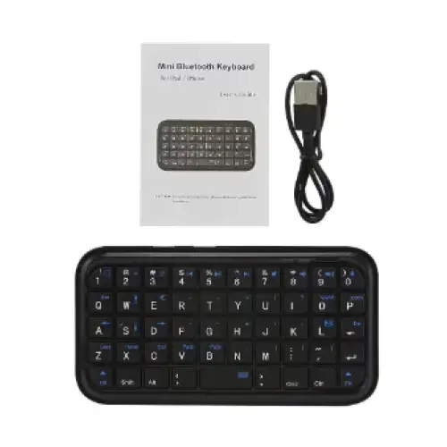 Black wireless bluetooth keyboard with sleek, compact design and blue backlighting.