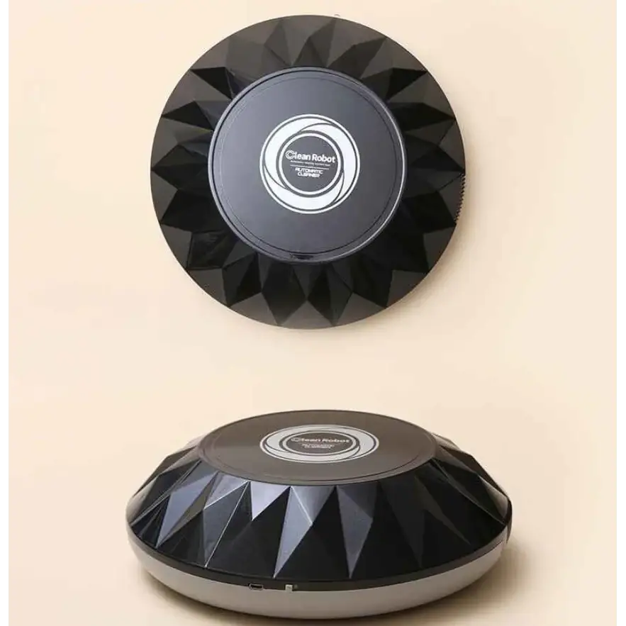 Black geometrically faceted cleanrobot automatic vacuum cleaner with a silver base and central logo.
