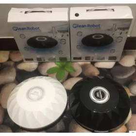Black and white clean robot robotic vacuum cleaners with circular, disc-shaped designs.