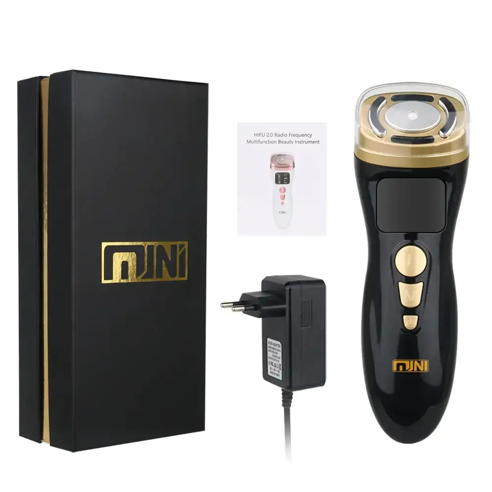 Black and gold mini hifu 2.0 radio frequency multifunction beauty instrument with a sleek, ergonomic design and three control buttons on the handle.