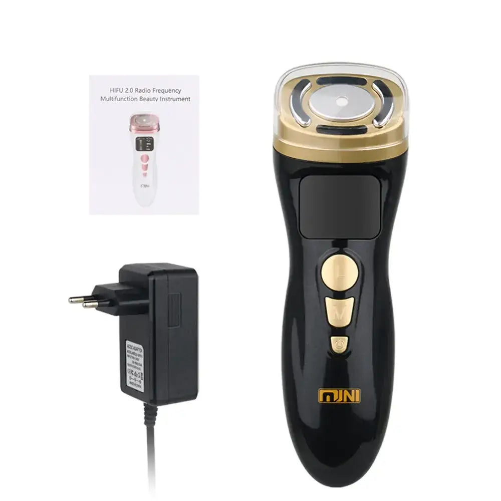 Black and gold handheld facial device with a sleek, ergonomic design featuring three circular control buttons on the handle.